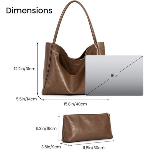 Khaki Tote Bag for Women 2 Pcs Large Casual PU Weekender Bag Soft Vegan Leather - Picture 4 of 6